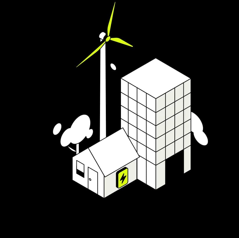 Isometric illustration of a home and a building sharing power with the grid