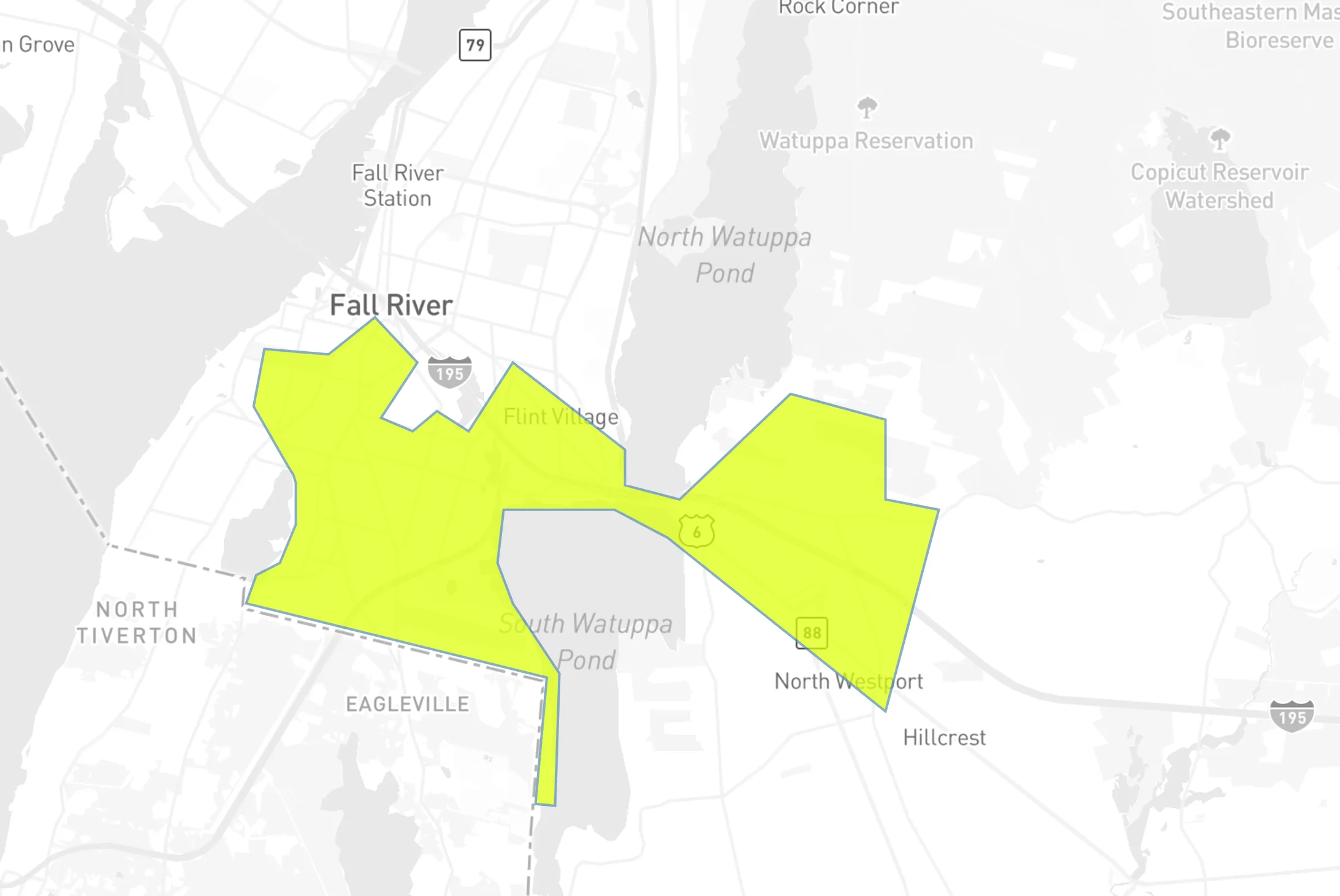 Map of Fall River with the BackupBattery+ eligibility area highlighted